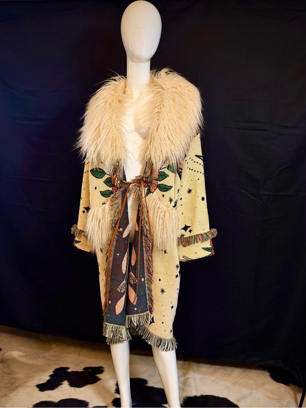 I make these coats by hand, one size fits most. These are rare and unique pieces